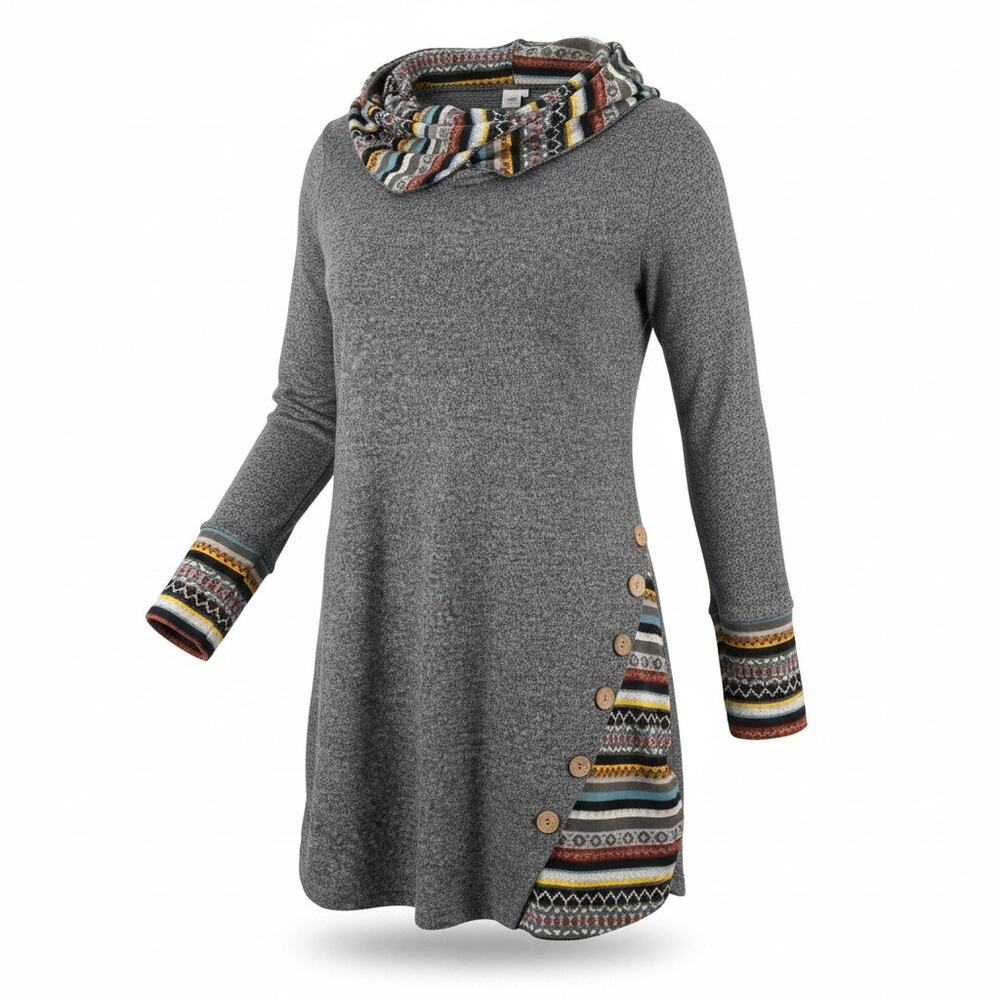 Gray Marled Hooded Tunic Fair Isle Cuff Side Buttons